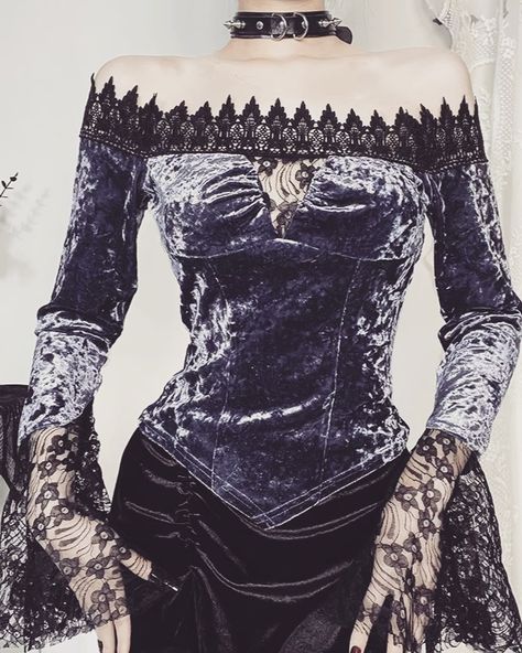 Lace and Velvet Patchwork Off the Shoulder Long Sleeve Top 🎉 We ship worldwide. 🎉 💜 Price:$ 35.00 💜 Shop Link: gothickawaii.com 💜 Item Link: https://gothickawaii.com/products/lace-and-velvet-patchwork-off-the-shoulder-long-sleeve-top Shadow Sorcerer, Purple Velvet Top, Purple Vampire, Fashion Definition, Y2k 90s Fashion, Y2k Street Style, Elegant Goth, Purple Goth, Fairy Grunge Aesthetic