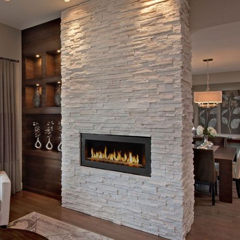 Arctic White 6x24 Stacked Stone Ledger Panel Modern Stone Fireplace, Painted Stone Fireplace, White Stone Fireplaces, Stone Veneer Fireplace, Wood Mantle Fireplace, Stone Fireplace Wall, Stacked Stone Fireplaces, Fireplace Pictures, Fireplace Facade