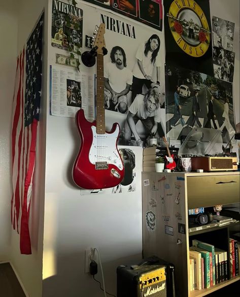 #room Room Decor Rock Style, Rockstar Room Decor, Rock N Roll Room Aesthetic, Rockstar Girlfriend Room Aesthetic, Rock Themed Bedroom, Indie Rock Room, Band Room Aesthetic, Rockstar Room Aesthetic, Guitar In Room