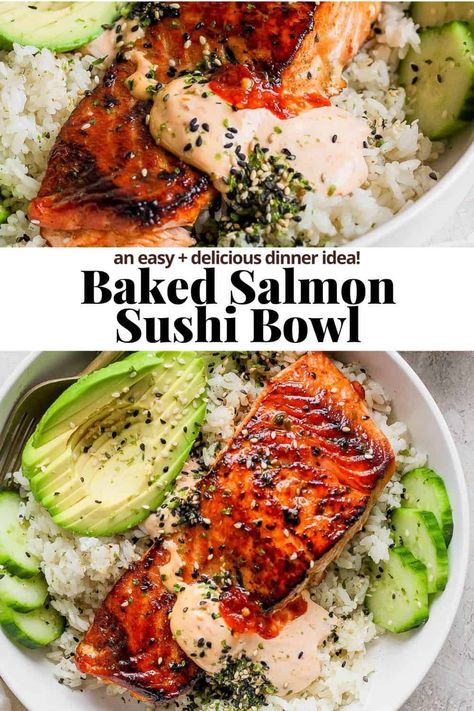 Baked Salmon Sushi Bowl -  #Baked #Bowl #Salmon #Sushi Simple Salmon Bowl, Sushi Bowls Salmon, Sushi Bake Bowl, Japanese Bbq Salmon, Easy Healthy Dinner Salmon, Salmon For Poke Bowl, Protein Sushi Bowls, Emily Salmon Bowl, Salmon Bowl Sushi