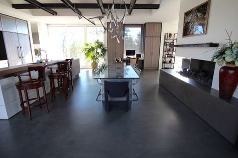 Black Concrete Floors, Black Stained Concrete, Staining Floors, Concrete Floors In House, Decorative Concrete Floors, Vegas House, In Law House, Black Concrete, Concrete Flooring