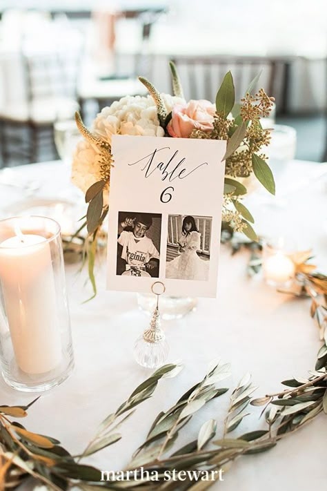 Get creative with your table numbers and replace standard numeric options with childhood photos of each of you at the associated age. #weddingideas #wedding #marthstewartwedding #weddingplanning #weddingchecklist Creative Wedding Table Numbers, Photo Table Numbers, Family Wedding Photos, Wedding Numbers, Wedding Table Decorations, Wedding Chairs, Seating Chart Wedding, Wedding Table Centerpieces, Wedding 2024