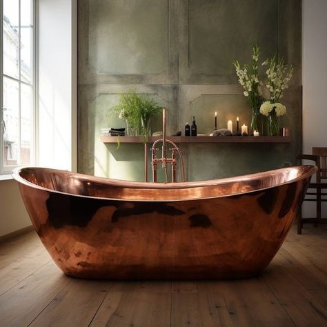 Experience the pinnacle of both style and comfort with this meticulously handcrafted single-ended copper bathtub. Crafted entirely from 100% pure copper, it boasts a stunning full copper finish both inside and outside. - Dimensions (inches): 66" (L) x 30.5" (W) x 21" (H) Our dedicated customer service team is here to assist you, whether it's before or after your purchase. #bathtub #luxury #copperbath Copper Bath Tub, Singapore Sentosa, Copper Bathtub, Bath Luxury, Slipper Bath, Copper Bathtubs, Copper Bath, Copper Tub, Copper Bathroom