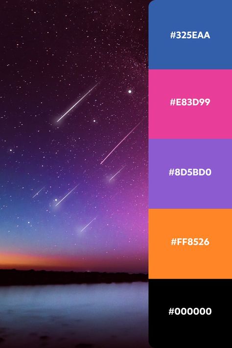 Hopefully, you managed to get a sneak of the Perseid meteor shower and maybe even make a wish. In case you missed it, w ehave a bit of consolation for you in the form of a color palette. Design anything you want and get inspired by shooting stars aesthetics. #designinspiration #graphicdesign #bannerdesign #bannerads #stars #starsaesthetic #universeaesthetic Galaxy Colors Palette, Celebration Color Palette, Galaxy Design Ideas, Cosmos Color Palette, Astronomy Color Palette, Starlight Color Palette, Cosmic Colour Palette, Celestial Colour Palette, Galaxy Colour Palette