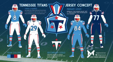 The Titans plans to revamp their uniforms next season and our readers have given them a head start. Nfl Concept Uniforms, World Football League, Titans Logo, Tennessee Titans Logo, American Logo, Houston Oilers, Helmet Logo, Nfl Memes, Football Uniform