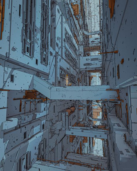 Blame and GITS Cyberpunk experiment of mine Scifi City, Brutalism Architecture, Sci Fi Environment, Cyberpunk City, Perspective Art, City Illustration, Fantasy Places, Muted Tones, Cyberpunk Art