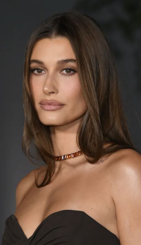 Hailey Bieber Met Gala Makeup, Hayley Bieber Brunette, Hailey Bieber New Years Eve, Hailey Bieber Dark Brown Hair, Rich Neutral Brown Hair, Hailey Bieber Brown Dress, Haley Bieber Hairstyles, Hailey Beiber Brunette Hair, Hailey Bieber Glazed Brunette Hair