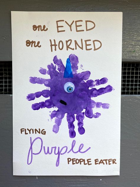 Handprint art Fairy Tale Art For Toddlers, Purple Activities For Toddlers, Purple Crafts For Toddlers, Purple Crafts For Preschoolers, October Handprint Art, Purple Activities, Eater Crafts, Baby Art Crafts, Preschool Letter Crafts