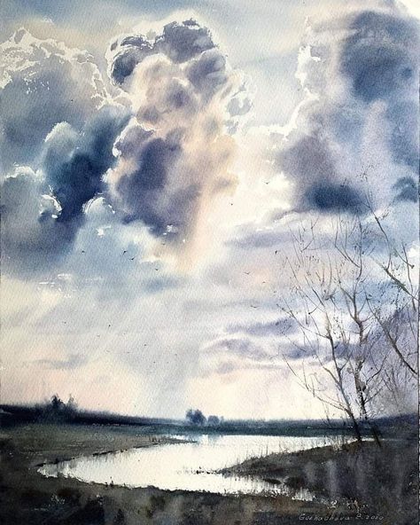 Fancy Acrylics, Watercolor Skies, Painted Skies, Watercolor Nature, Watercolor Art Landscape, Watercolor Clouds, Watercolor Sky, Contemporary Watercolor, Watercolour Inspiration