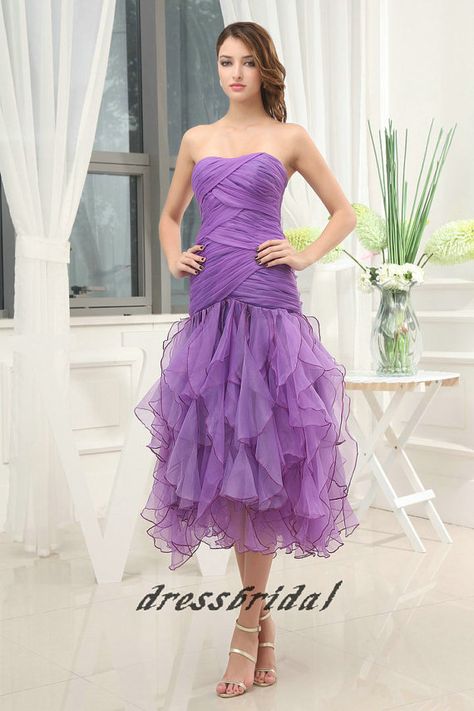 Simple Sweetheart purple pleat custom made by dressbridal on Etsy, $115.99 Organza Bridesmaid Dress, Purple Prom Dress Short, Tea Length Formal Dresses, Ruffle Prom Dress, Purple Prom Dress, Cute Wedding Dress, Tea Length Wedding Dress, Fall Wedding Dresses, Colored Wedding Dresses