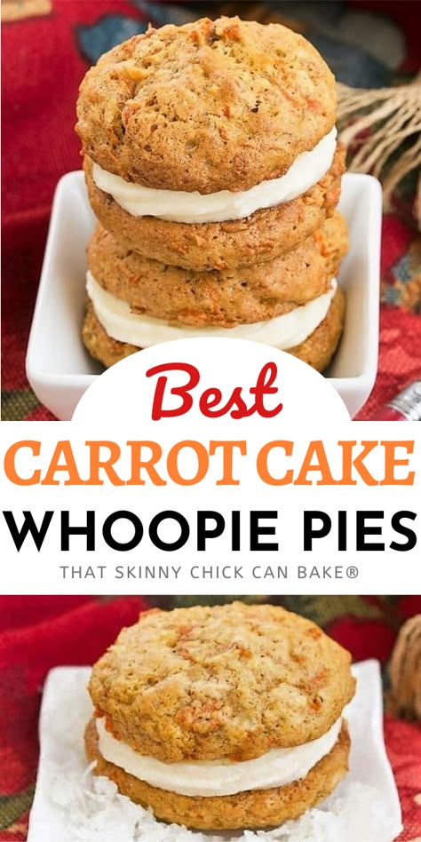 Carrot Cake Whoopie Pies are created by filling two soft carrot cookies with a generous swirl of cream cheese icing! The soft carrot cake cookies are packed with coconut and pecans, making them full of texture and flavor. This whoopie pies recipe is perfect for a spring dessert, or any other time of the year. The recipe is based on my tried and true, easy carrot cake recipe. Woopie Cookies, Carrot Cake Whoopie Pies, Cake Whoopie Pies, Rhubarb Butter, Carrot Cake Cookies Recipe, Whoopee Pie, Carrots Easter, Whoopie Pie Recipe, Carrot Cakes