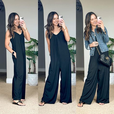 Black Jumpsuit | How to Style Jumpsuit | Denim Jacket | Spring Outfit Sleeveless Jumpsuit Outfit, Early Fall Fashion, Amazon Favorites, Jumpsuit Outfit, Layering Outfits, Fashion Top, Tennis Dress, Top Seller, Sweater Set