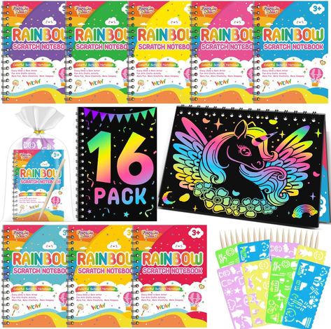 Kids Arts and Crafts Supplies - This kid scratch art includes 16 pack scratch notepads, 18pcs wooden styluses, 16pcs drawing stencils, 18pcs Gift bags and 1pcs gift box.Just scratch off the black coating on the drawing paper, and rainbow lines will appear. Children can also use the stencils to design more cute and funny shapes on the scraped paper to create colorful paper artworks. Christmas Gifts Classroom, Art Party Favors, Christmas Goodie Bags, Goodie Bags For Kids, Trolls Birthday Party, Birthday Goodie Bags, Classroom Prizes, Party Favors For Kids, Party Favors For Kids Birthday