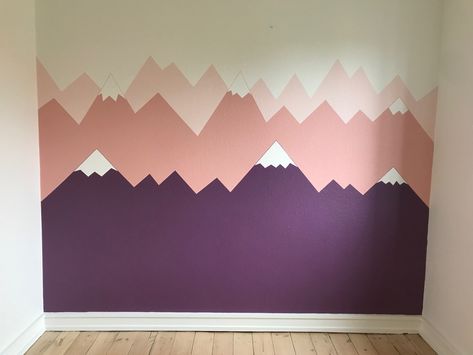 Pink and purple mountain mural for kids room, nursery, girls room. DIY. Girly Mountain Nursery, Purple Mountain Nursery, Purple Girls Room Paint, Purple Kids Room, Mural For Nursery, Mural For Kids Room, Girls Room Paint, Girls Room Diy, Nursery Painting