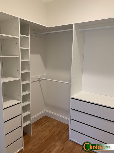 Walk in Robe with handleless drawers | Built in Wardrobes for Western Sydney Small Walk In Robe Layout, Small Walk In Robe, Walk Through Wardrobe, Handleless Drawers, Laundry Storage Solutions, Built In Wardrobes, Teenage Girl Room, Office Storage Solutions, Garage Storage Solutions