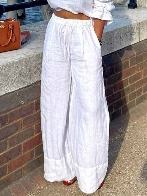 Vacation Loose Long Wide leg Linen Pants | stylewe Cotton Pants Women, Linen Pants Outfit, Mode Kimono, Mid Waist Pants, White Linen Pants, Cotton Linen Pants, Womens Dress Suits, Casual Wide Leg Pants, Loose Trousers