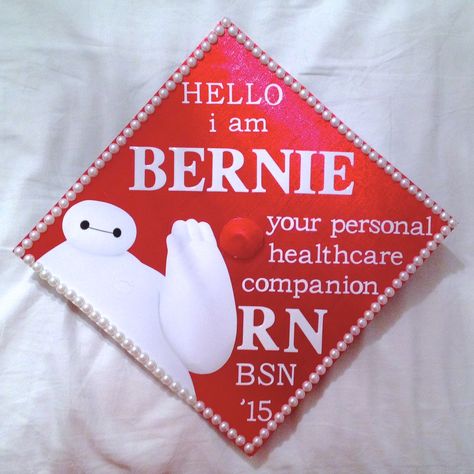 My graduation cap! CSULB NURSING 2015! Baymax from Big Hero 6! #baymax #disney #graduation #gradcap                                                                                                                                                                                 More Disney Nurse Graduation Cap, Baymax Graduation Cap, Nurse Graduation Cap Designs, Graduation Cap Decoration Nursing, Nurse Pinning, Nursing Graduation Cap, Grad Hats, Disney Graduation, Nurse Graduation Cap