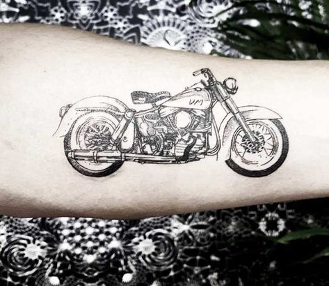 Motorcycle Tattoos For Women, Harley Motorcycle Tattoo, Small Motorcycle Tattoo, Motorbike Tattoos, Motorcycle Tattoo For Women, Motorbike Tattoo, Old Motorbike, Moto Tattoo, Black And Gray Tattoos