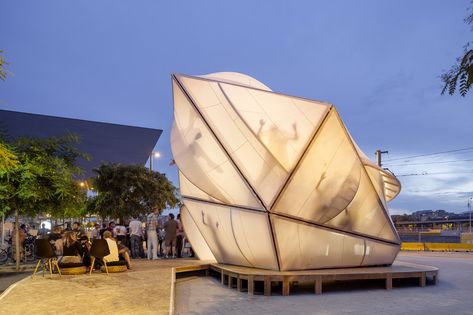 The pavilion is a prototype that explores connections between parametric design, passive environmental strategies and local digital fabrication. Transparency In Architecture, Fabric Structure Architecture, Digital Fabrication Architecture, Fabric In Architecture, Cloth Architecture, Translucent Architecture, Translucent Facade, Membrane Architecture, Fabric Building