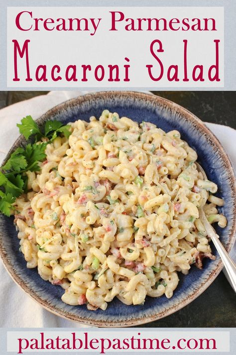 Creamy Parmesan Macaroni Salad combines bacon and other crunchy bits with pasta in a super creamy Parmesan based dressing. Creamy Parmesan Pasta Salad, Parmesan Pasta Salad, Salad Options, Salad Recipes With Bacon, Hawaiian Macaroni Salad, Classic Pasta Salad, Parmesan Salad, Salad Dressing Recipes Healthy, Tuna Salad Pasta