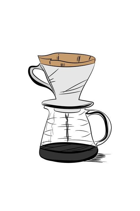 illustrater Coffee V60 Drawing, Drip Coffee Illustration, Coffee Illustration Artworks, Coffee Drawing Ideas, Drip Aesthetics, Coffee Aesthetic Art, Coffee Art Illustration, Drip Drawing, Coffee Digital Art