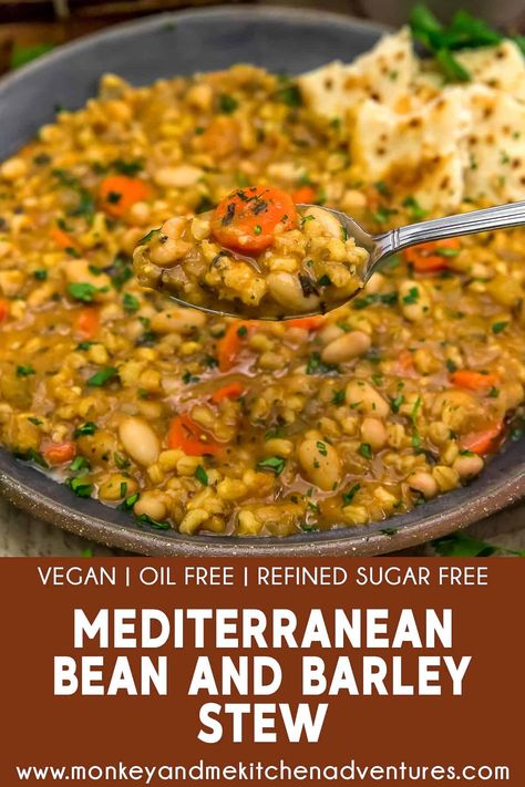 Each spoonful of this Mediterranean Bean and Barley Stew, enriched with wholesome barley and protein-packed beans, promises a truly satisfying and fulfilling dining experience. #wholefoodplantbased #vegan #oilfree #glutenfree #plantbased | monkeyandmekitchenadventures.com Vegan Barley Soup, Plant Based Foods List, Barley Stew, Vegan Oil Free, Monkey And Me Kitchen Adventures, Monkey And Me, Barley Recipe, Meatless Mondays, Barley Soup