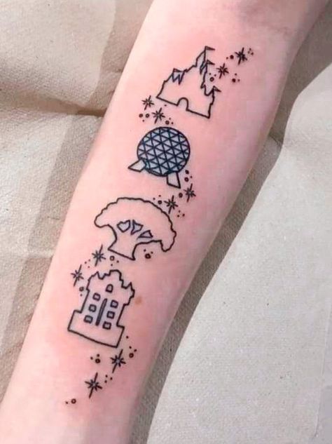 Disney Park Tattoo Ideas, Theme Park Tattoo, Disney World Tattoo Ideas, Epcot Ball Tattoo, Epcot Tattoo Ideas, Disney Park Tattoo, Disney Symbols Tattoo, Disney Patchwork Tattoo, Disney Finger Tattoo