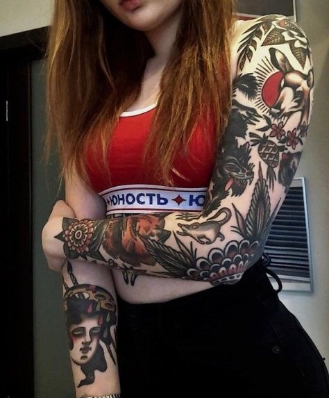 fludogenerator: staaadler Traditional Tattoo Girls, Arm Women, Tato Tradisional, Mangas Tattoo, 13 Tattoo, Traditional Sleeve, Tattoos Mandala, Tattoo Old School, Traditional Tattoo Sleeve