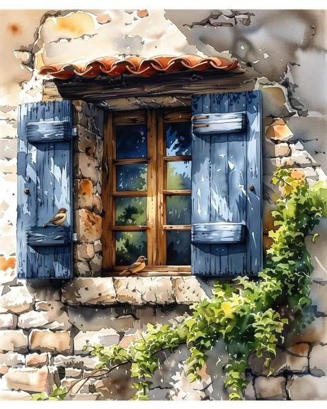 Painted Window Panes, Stairs And Doors, Rustic Window, Art Journal Cover, Watercolor Architecture, Watercolor Lessons, Architecture Drawing Art, Cottage Art, Landscape Art Painting