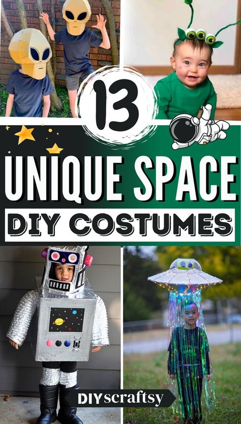 13 DIY Space Costume Ideas For Halloween Space Theme Adult Costume, Space Themed Costumes Diy, Space Costumes Diy, Planet Costume Diy, Diy Space Outfit, Alien Costume Ideas Diy, Diy Astronaut Costume Kids, Space Diy Costume, Diy Ufo Costume