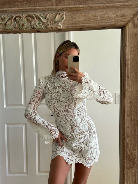 Long Sleeve Lace Dress Short, Longsleeve White Mini Dress, Lace Mini Dress White, Unique Bridal Shower Dress, White Dresses For Bridal Events, Rehearsal Dinner Dress Lace, Western Theme Rehearsal Dinner Outfits, Engagement Dress Winter, Fall Engagement Party Outfit For Bride