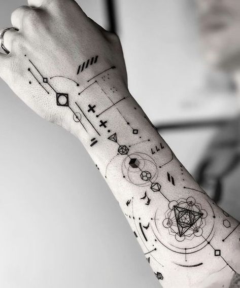 Geometric Arm Tattoo Men, Fine Line Geometric Tattoo, Geometric Arm Tattoo, Abstract Lines Tattoo, Geometric Universe Tattoo, Scientific Tattoo, Geometric Line Tattoo, Colored Tattoo Design, Elements Tattoo