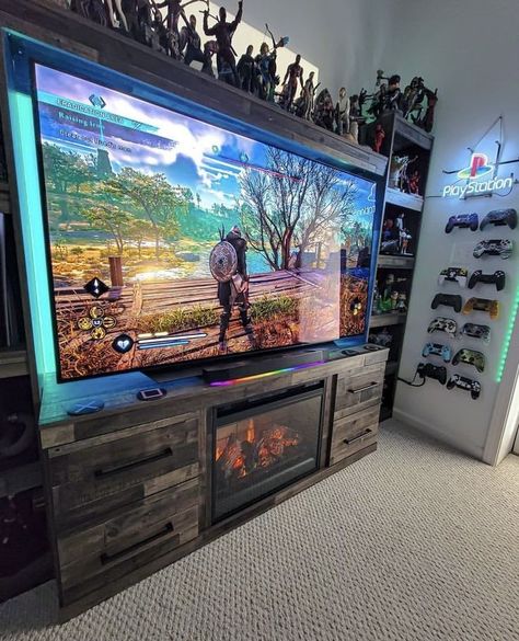 Best Tv For Gaming, Entertainment Center Ideas Gaming, Geeky Apartment, Game Room Ideas Videogames, Playstation Game Room, Gaming Tv Setup, Gamer Living Room Ideas, Gaming Console Setup, Nerd Living Room