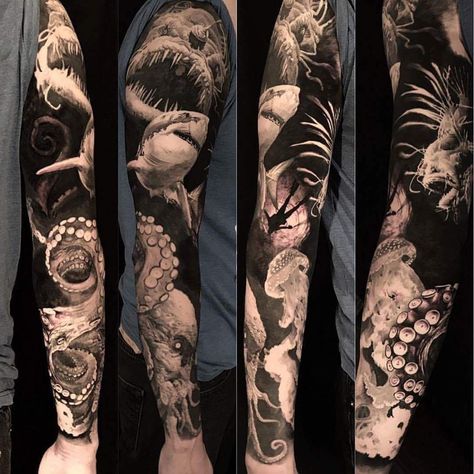 Sea Sleeve Tattoo Men, Deep Sea Sleeve Tattoo, Ocean Tattoos Leg Sleeve For Women, Sea Creature Leg Sleeve, Scary Ocean Tattoo, Black And Grey Underwater Tattoo, Shark And Octopus Tattoo, Sea Life Tattoos Men, Deep Sea Tattoo Sleeve