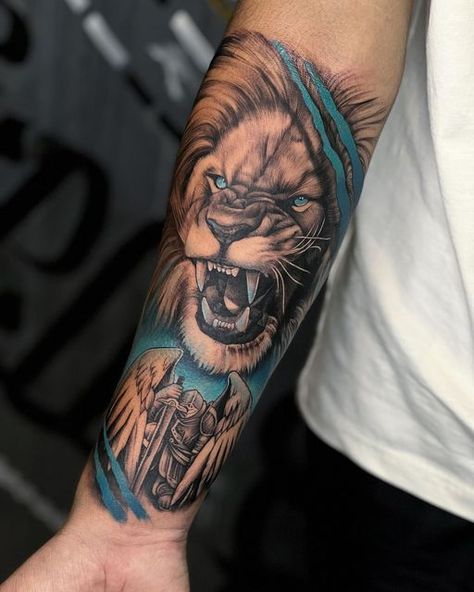 Lion Arm Tattoo Men Sleeve, Tatto For Man Men Tatoo, Loin Tattoos Design, Arm Tattoo Designs Men, Tattoos Men Forearm, Lion Tattoo Forearm, Loin Tattoos, Lion Arm Tattoo, Forearm Tattoos For Men