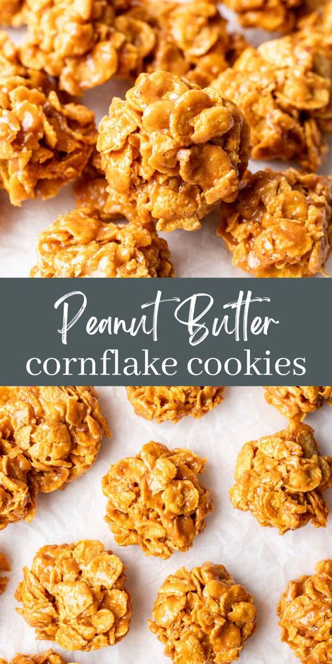 Peanut Butter Cornflake Cookies (No Bake) - I Heart Eating Cornflake Peanut Butter Balls, Frosted Flakes Cookies, Christmas Nutter Butter Cookies, Cornflake Cookies No Bake, Cornflake Clusters, Cornflake Recipes, Cornflake Cookies Recipe, Cookies No Bake, Peanut Butter Cornflake Cookies