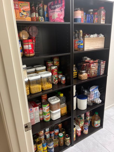 Bookshelf As Pantry, Book Shelf Pantry Ideas, Book Shelf Pantry, Bookshelf Into Pantry, Cube Storage Pantry, Cube Storage Pantry Ideas, Bookshelf Pantry Ideas, Makeshift Pantry, Kitchen With No Pantry