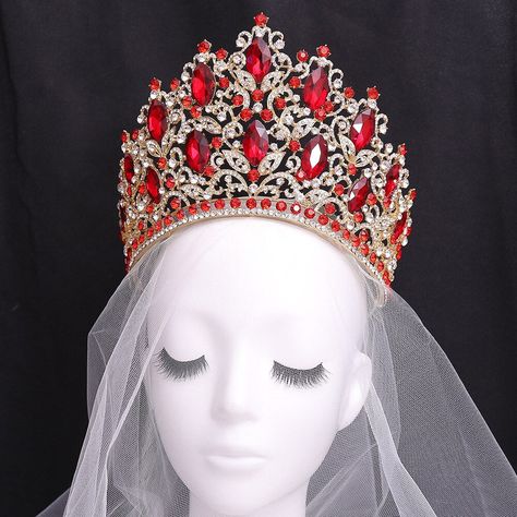 Red Crowns For Quinceanera, Red Quince Crown, Big Forest, Scorpio Energy, Baroque Wedding, Hair Accessories Crown, Quinceanera Crown, Red Quince, Wedding Tiara Hairstyles