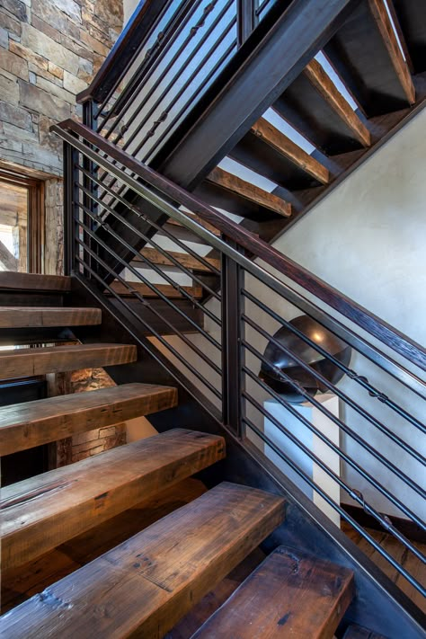 Industrial Stairs Design, Industrial Staircase Design, Industrial Staircase, Home Architecture Styles, Log Cabin Exterior, Industrial Stairs, Mountain Dream Homes, Coastal Industrial, Contemporary Stairs