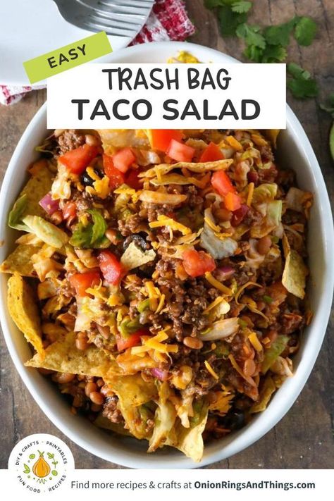 Trash Bag Taco Salad in white oblong serving bowl Tailgaiting Food, Dorito Taco Salad Recipe, Easy Taco Salad Recipe, Beef And Veggies, Salads For A Crowd, Taco Salads, Taco Salad Recipes, Meat Salad, Mexican Dessert Recipes