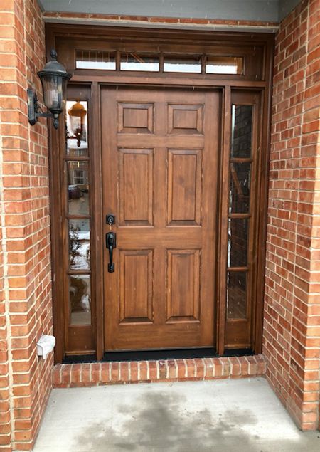 Naperville Installation- Gorgeous teak stained Simpson wood door with Sidelites. Great Job to the team on this installation. House Front Door Design, House Front Door, Front Door Design, Colour Ideas, Main Door, Wood Door, Types Of Doors, Great Job, Diy Home Crafts