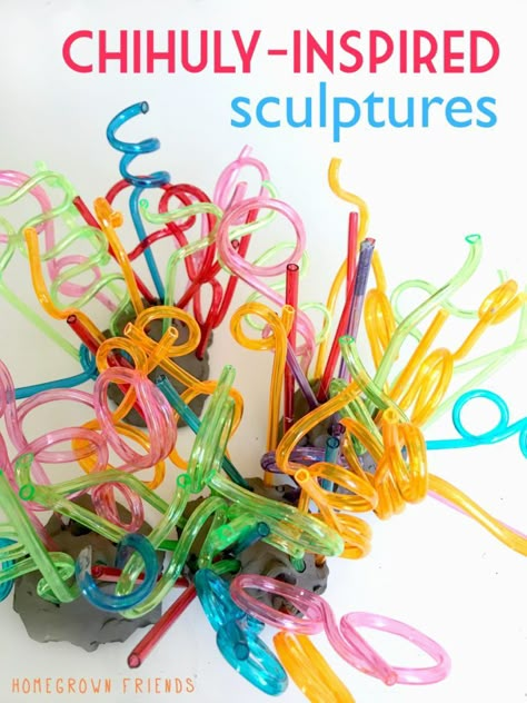 Chihuly inspired sculptures for littles ~ This idea involves clay and straws. And it's brilliant. Geared more towards the littles. Straw Sculpture, Painted Glass Art, Elementary Art Projects, Chihuly, Spring Art, Art Lesson Plans, Camping Tips, Camping Art, Art Appreciation