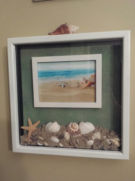 Creative Shadow Box Ideas, Sand And Seashell Display, Coastal Shadow Box Ideas, Beach Shadow Box Ideas Diy, Seashell And Sand Display, Shells In Shadow Boxes, Shadow Box With Sea Shells, Seashell Memory Craft, Shadow Box Ideas With Sea Shells