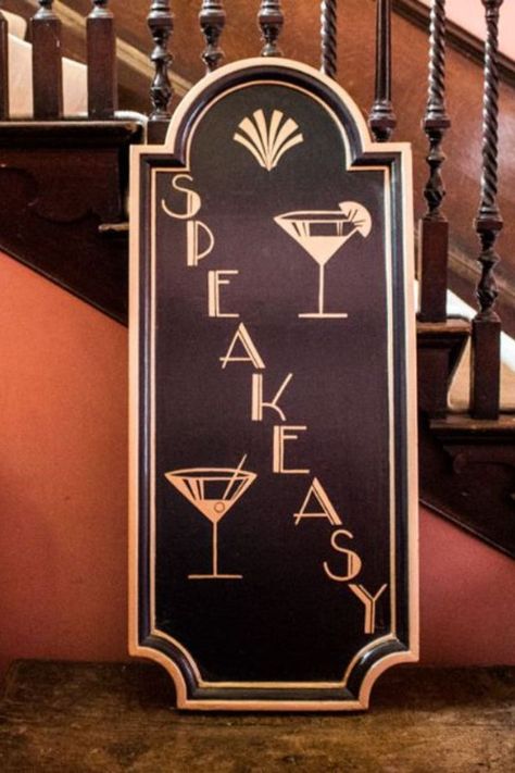 1920s Aesthetic Speakeasy, 1920s Speakeasy Party Decoration, 1920s Prohibition Party, 30th Birthday Gatsby Theme, Gatsby Speakeasy Party, Roaring 20s Signs, Speakeasy Decorations Diy, Twenties Themed Party, Roaring 20s Speakeasy Aesthetic