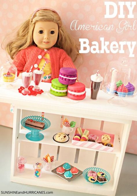 Here's a fun and easy DIY American Girl Doll Bakery that will save you money and build a memory if you make it with your daughter or granddaughter! This all wood market stand is simple and a fabulous afternoon project for the 18 inch doll lover in your life! Make fun food , especially desserts, that girls will love creatively playing with! This super DIY American Girl Doll  Bakery is one of a kind and makes a fantastic gift, too! Bakery Stand, Perlengkapan Bayi Diy, American Girl Doll House, American Girl Diy, Куклы American Girl, American Girl Doll Furniture, American Girl Doll Diy, American Girl Accessories, America Girl