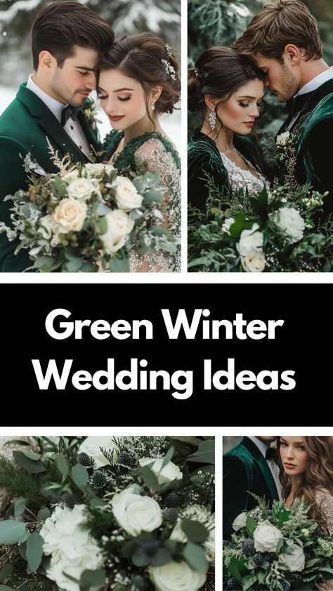 Green winter wedding setup with emerald green bridesmaid dresses, dark green accents, rustic sage green and dusty blue decor. Forest Green Winter Weddings, Emerald Green And Dark Blue Wedding, Emerald Green Blue Wedding, Dark Green And Maroon Wedding, Winter Wedding Theme Colors, Dark Green Winter Wedding, Sage Green Winter Wedding, Dark Green Wedding Decor, Emerald Green Wedding Theme Decor