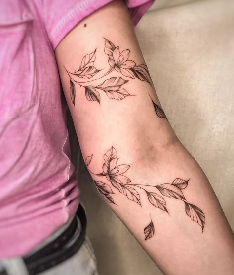 Minimal Flower Sleeve Tattoo, Elbow Wrap Around Tattoo, Fineline Botanical Tattoo, Flower Branch Tattoo, Branch Tattoo Arm, Branches Tattoo, Botanical Wrap Tattoo, Arm Wrap Tattoo, Flower Vine Tattoos