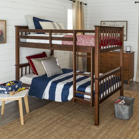 Manor Park Solid Pine Wood Twin Over Twin Mission Bunk Bed - Walnut | Walmart Canada Bed Bunk, Triple Bunk Beds, Solid Wood Bunk Beds, Triple Bunk Bed, Bottom Bunk, Restless Sleepers, Triple Bunk, Loft Bunk Beds, Wood Bunk Beds