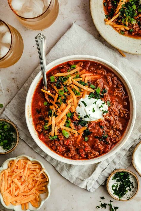 This No Bean Chili is cozy and filled with so much savory flavor. It's loaded with juicy ground beef, diced tomatoes, tomato sauce, onion, and the most delicious homemade chili seasoning. Make it in the crockpot, stovetop, or Instant Pot. Best No Bean Chili, Healthy Little Peach, Homemade Chili Seasoning, Stuffed Baked Potatoes, Loaded Sweet Potato, Healthy Chicken Salad, Bean Chili, Homemade Chili, Diced Tomatoes