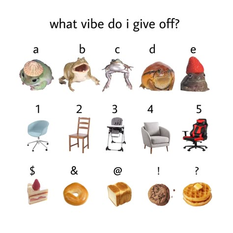 with frogs, chairs, and baked stuff (*´ω`*) #aesthetic #whatvibesdoigiveoff What Vibes Do I Give Off Aesthetic Chart, Which Vibe Do I Give Off Chart, Which Vibe Do You Give Off, What Vibes Do I Give Off, Sketch Feelings, Which Vibe Am I, Frog Chair, Twitter Interaction, Tag Urself